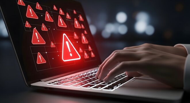 Laptop screen displaying multiple red warning and alert symbols with danger sign