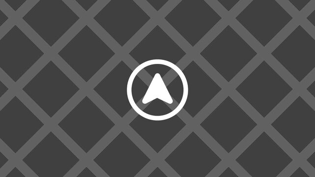 A navigation arrow icon placed over a dark crosshatch or diamond grid background representing a stylized GPS or map direction application interface