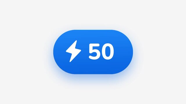 A bold blue badge displaying a yellow lightning bolt symbol alongside the number 100 representing energy boost charging or a perfect score achievement