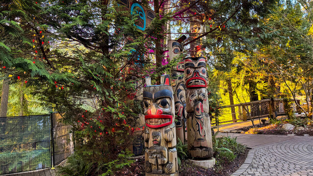 Indigenous totem poles at Capilano Suspension Bridge Park Vancouver