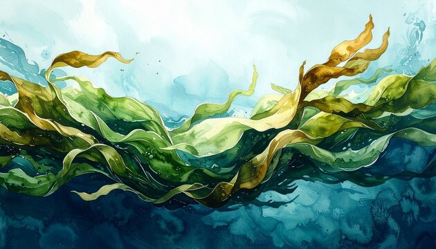 Underwater algae drift with flowing marine movement in ocean depths abstract texture