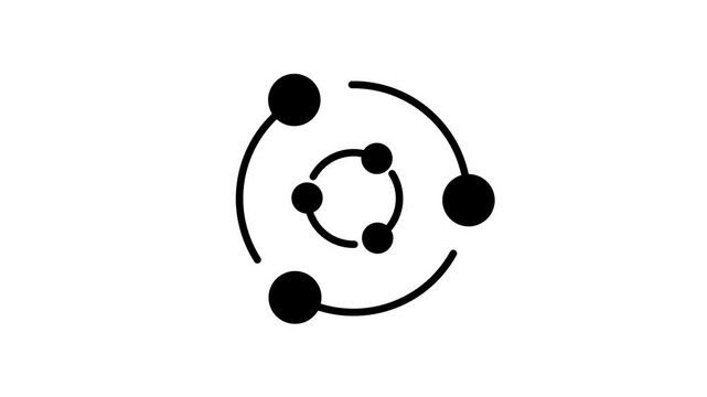 A minimal circular orbit icon with multiple dots or nodes connected by lines representing network relationships sharing ecosystem or satellite system concepts