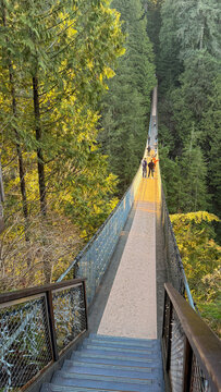 Capilano Suspension Bridge at golden hour with tourists, Vancouver
