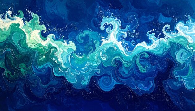 Abstract ocean current swirl pattern with fluid marine waves in deep blue and teal seamless design