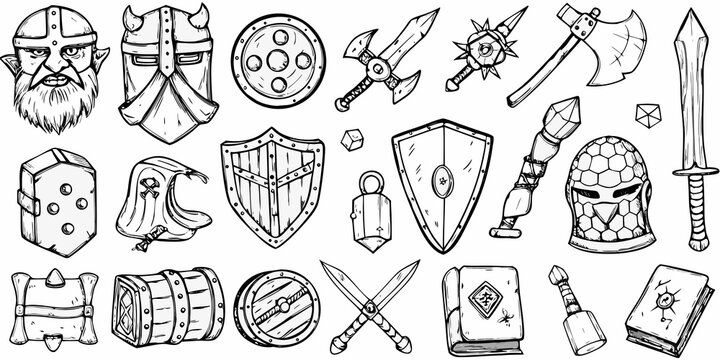 hand drawn viking and medieval weaponry and armor set on white