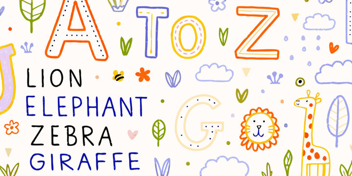 colorful alphabet pattern with animal illustrations and lettering