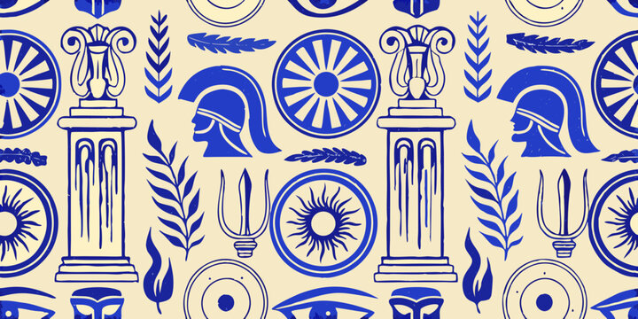 ancient greek pattern with columns helmets and laurel wreaths