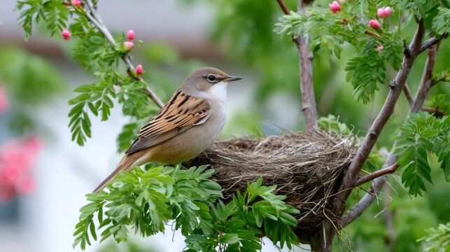 Small bird resting on nest in blooming tree