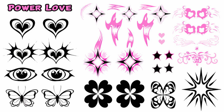 tattoo flash sheet with hearts eyes and butterflies pink and black
