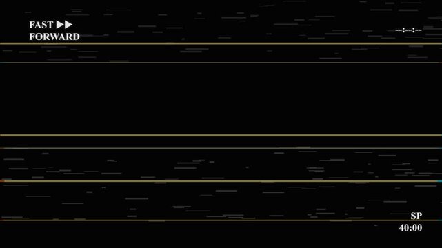 VHS Fast Forward Screen with Analog Tracking Noise Horizontal Jitter Lines and Timecode Counter for Retro Video Editing Overlay