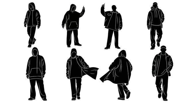 Set of black silhouettes of men in casual winter jackets, diverse poses