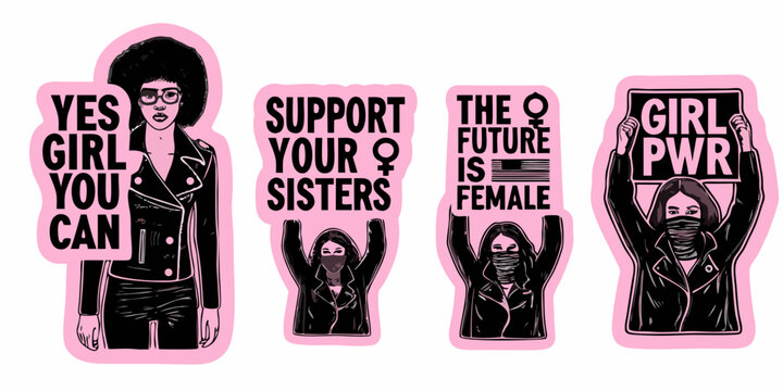 feminist sticker set with empowering slogans and illustrations