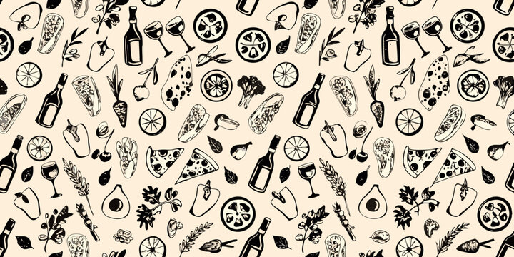 italian food pattern hand drawn vector illustration on beige background