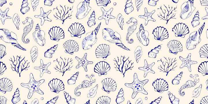 seamless nautical pattern featuring seashells starfish and coral