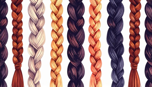 Cornrow braid patterns seamless textile design from above in flat lay style on white background