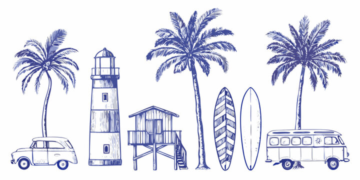 beach scene with palm trees lighthouse and surfboards vector illustration