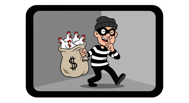 Funny Thief Stealing Chickens in Money Bag