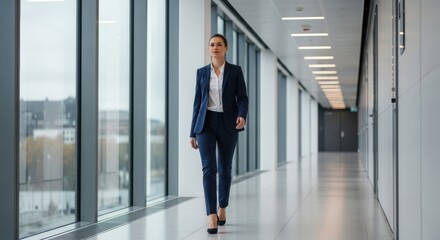 Fototapeta premium Elegant businesswoman in a navy suit walks through a bright corporate office hallway Surreal Silliness Concept Design
