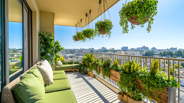 Modern balcony with sage green seating overlooking coastal cityscape and ocean view