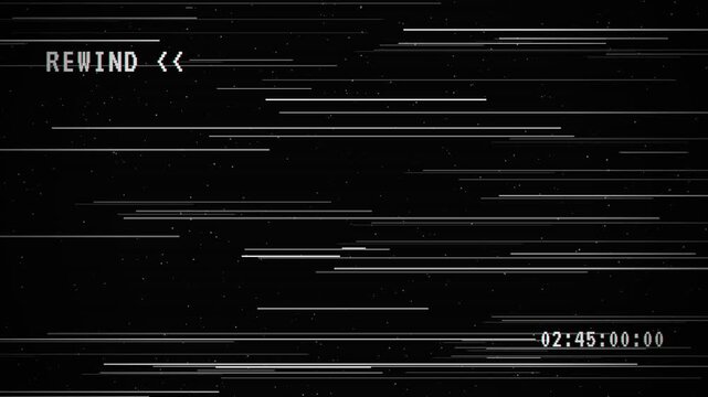 VHS Rewind Screen with Analog Tracking Noise Glitch Lines and Timecode on Black Background for Video Project