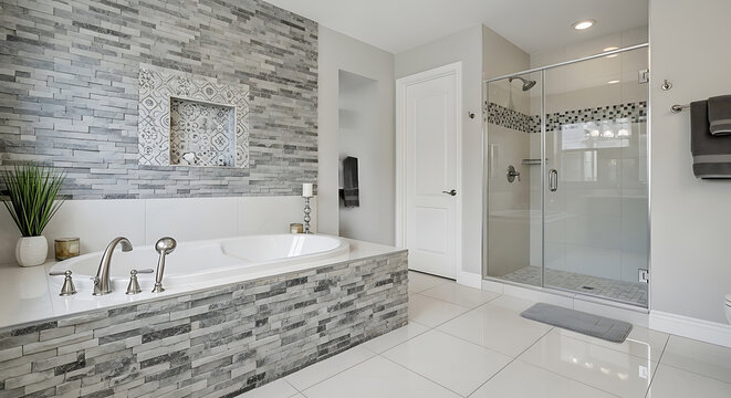 Modern white bathroom with marble countertop, subway tile backsplash, and gold fixtures