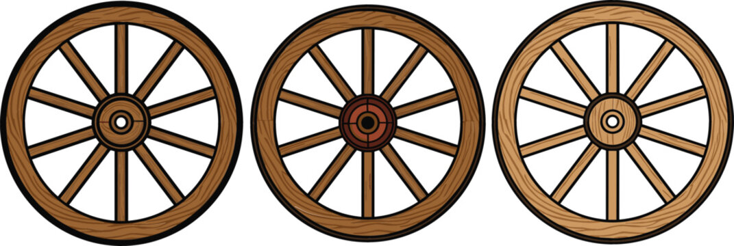 Set of wooden wagon wheels vector illustration featuring vintage cart wheel designs with detailed spokes rustic transport elements and historical western style