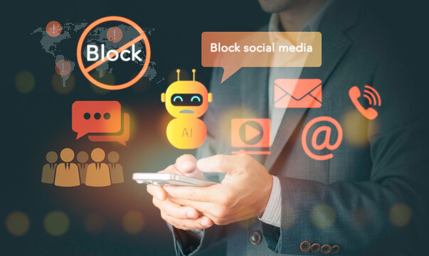 Artificial intelligence moderation system blocking social media and toxic content on smartphone interface. Concept of online safety, automated control, and platform protection.