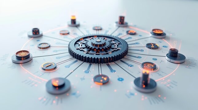 Futuristic mechanical gear system with glowing orange lights, industrial clockwork mechanism on white surface, high-tech engineering concept