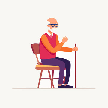 Elderly Man Sitting with Cane
