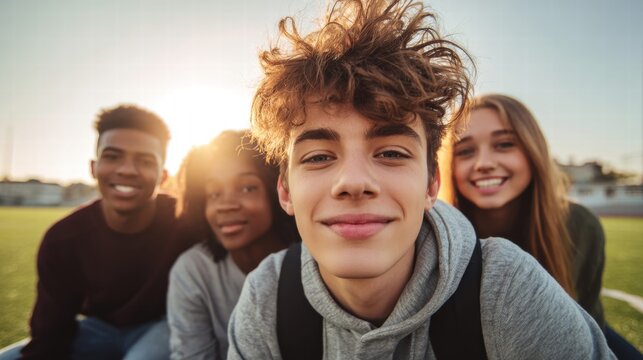 Group of diverse teenagers smiling at the camera during golden hour.
