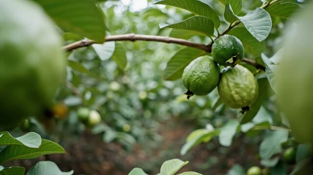 Close-up view of green guavas ripening on a tree branch in a lush tropical orchard, with blurred foliage in the background.