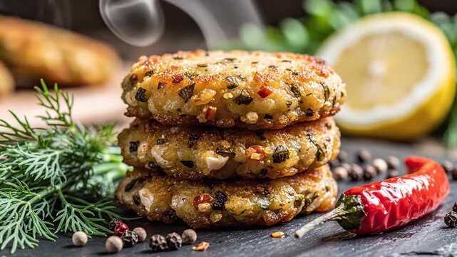 Close-up of a stack of three golden brown pan-seared crab cakes emitting steam on a dark gray slate platter with fresh dill sprigs, peppercorns, red chili pepper, and lemon background.