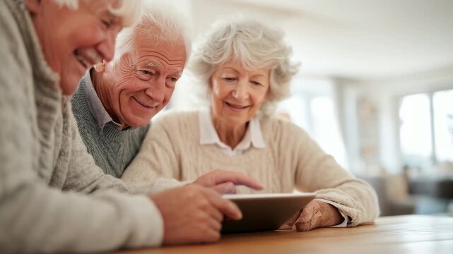 Happy senior couple learning together. Elderly man and woman using digital tablet. Enjoying technology in retirement. Family connection and education. Bright home interior.