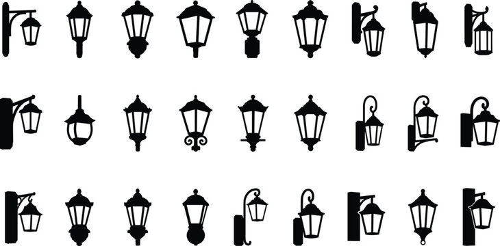 Vintage street lamp silhouettes, classic lantern wall mounted lights, outdoor lighting fixtures collection, 