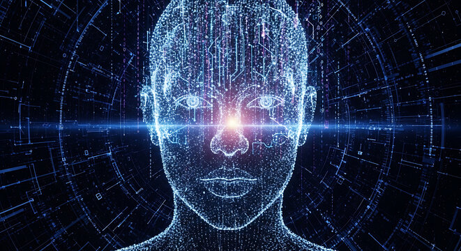Futuristic cybernetic cyborg face profile with digital code matrix