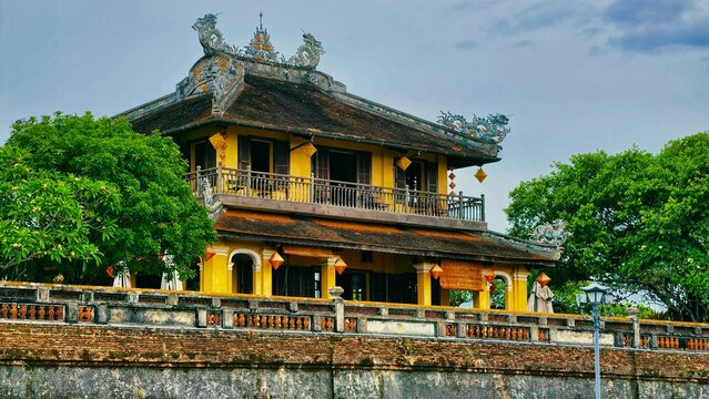 Tu Phuong Vo Su Lau Pavilion in the Imperial City of Hue, Vietnam. Historic royal architecture inside ancient citadel surrounded by greenery and traditional Vietnamese design. June 2025.