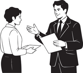 Fototapeta premium Professional business man and woman discuss work, holding documents and sharing ideas in office setting, black and white vector.
