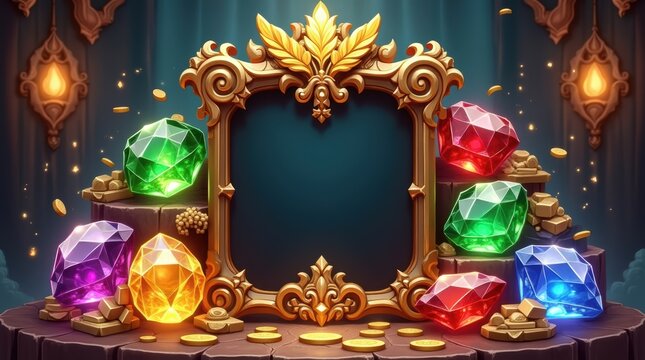 Ornate golden frame with colorful gemstones, magical fantasy game UI border with glowing jewels, luxury treasure chest background with gold coins