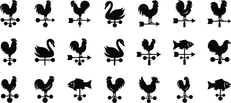 Weather vane silhouette icons, rooster swan fish shapes, wind direction arrows, traditional weathervane symbols set, black solid design, vector illustration