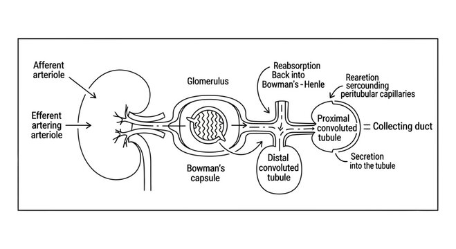 Nephron Diagram: Kidney Filtration Unit, Blood Flow, and Urine Formation