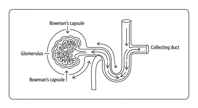 Nephron Structure: Glomerulus, Bowman's Capsule, and Collecting Duct - Medical Diagram