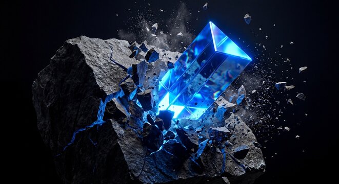 Abstract glowing neon geometric prism shattering a dark stone block in slow motion