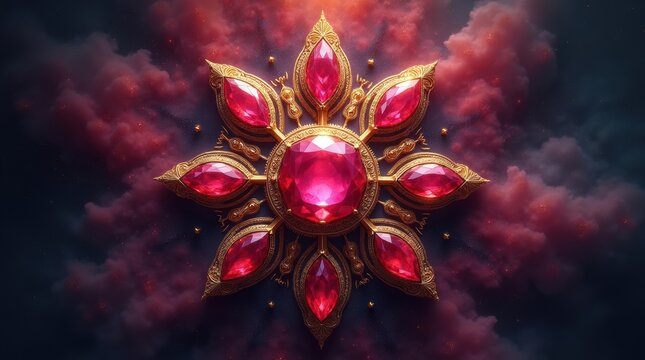 Ornate gold star medallion with ruby red gemstones, mystical crimson jewel amulet, ancient fantasy sun symbol surrounded by dark smoke