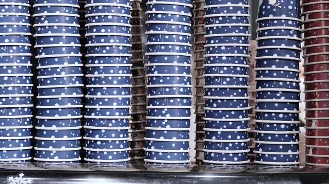 Stacks of blue paper cups with white snowflake patterns ready for winter beverages