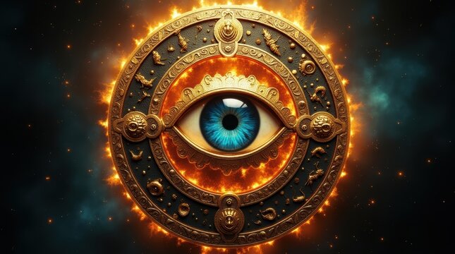 Mystical all-seeing eye in golden sun wheel, occult celestial eye of providence, esoteric zodiac astrology symbol with burning fire and cosmic background