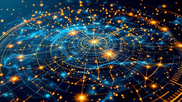 Abstract technology background with moving data nodes forming a complex global information network