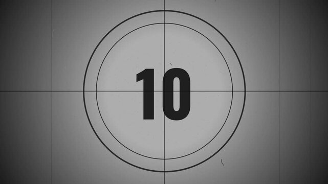 Vintage Film Countdown Sequence with Heavy Grain Scratches and Dust Flickering for Retro Movie Intro Sequence