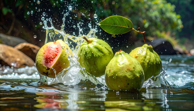 Fresh green guavas splashing water.