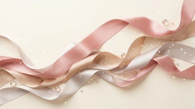 Elegant flowing satin ribbons in soft blush pink and champagne gold colors with sparkling accents.