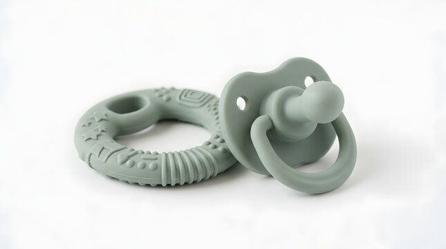Baby pacifier and teether toy on white background for infant soothing